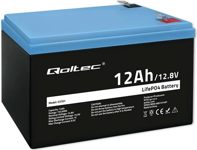 Bateri LiFePO4 Qoltec 53701, 12.8V, 12Ah, 153.6Wh, me BMS