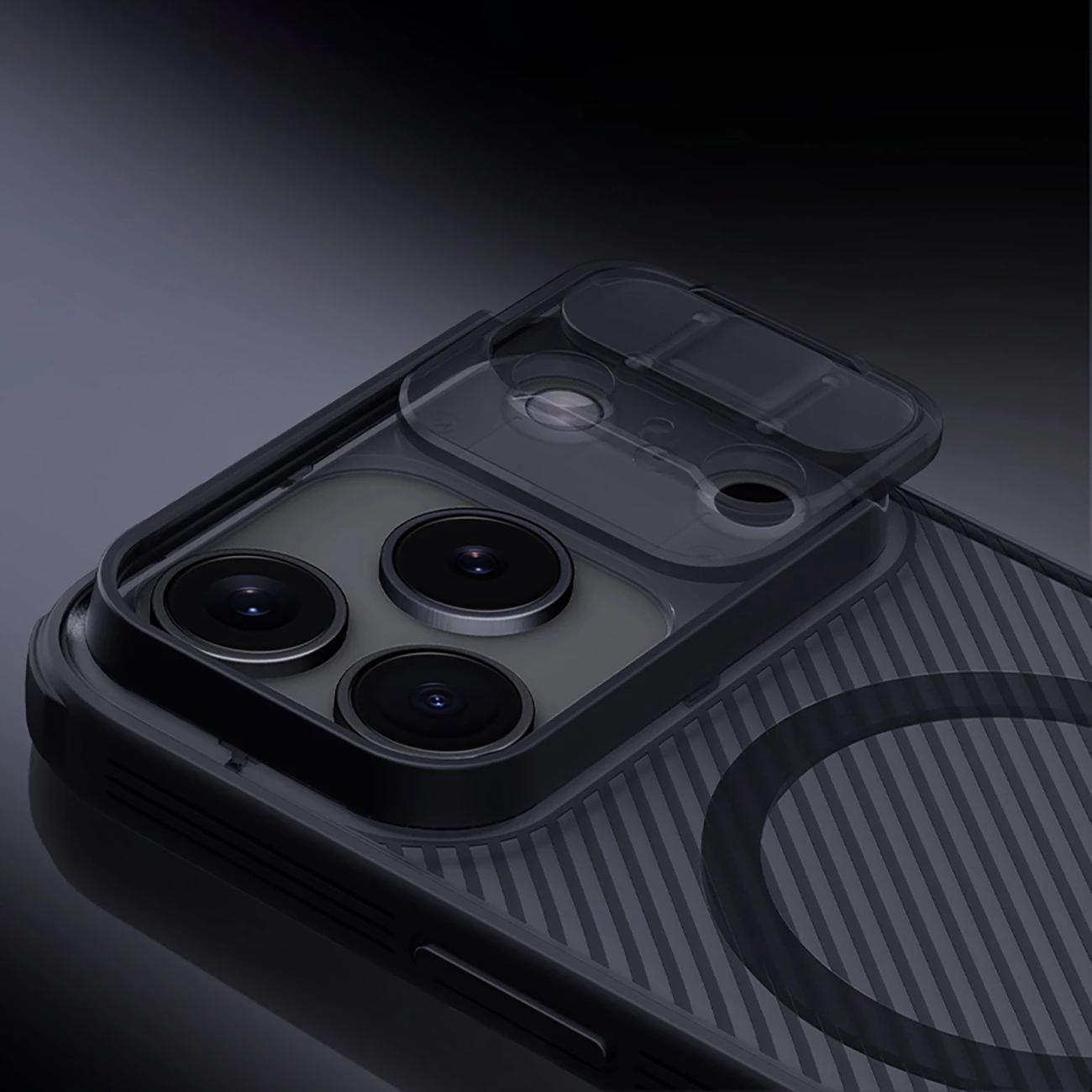 Mbështjellës Nillkin CamShield Pro për iPhone 17 Pro, MagSafe kompatibil, PC+TPU, transparent i zi