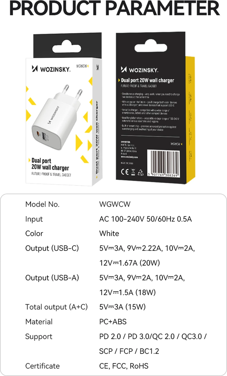Karikues muri Wozinsky WGWCW, 20W, 2 porta USB-A/USB-C, i bardhë