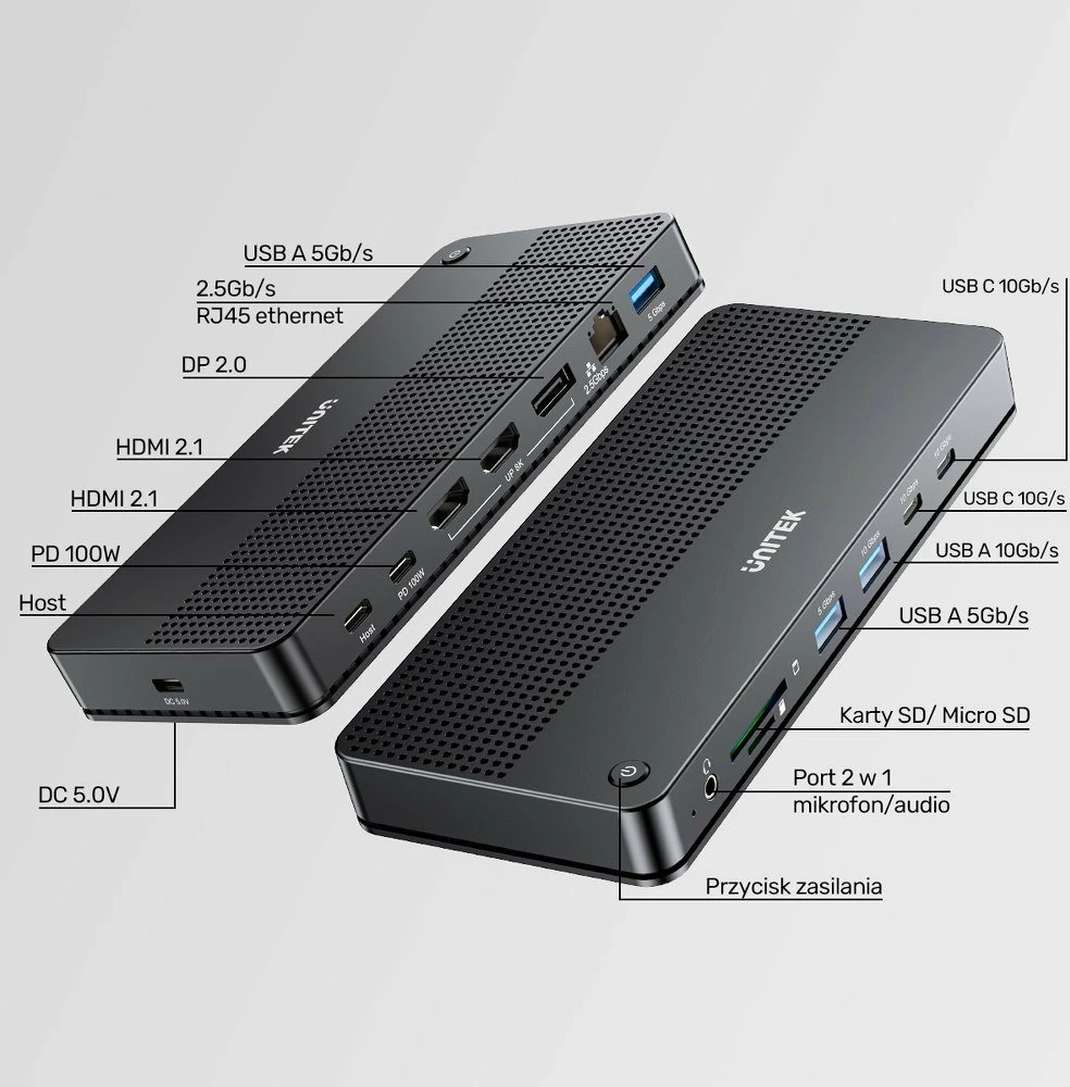 Stacion dokimi USB-C Unitek D1104A01 13-në-1 8K MST PD 100W, i zi