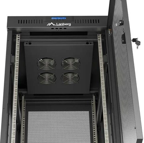 Kabinet rack LANBERG 19" 24U 600x800, qëndruese, dyer të perforuara, panel LCD, e zezë