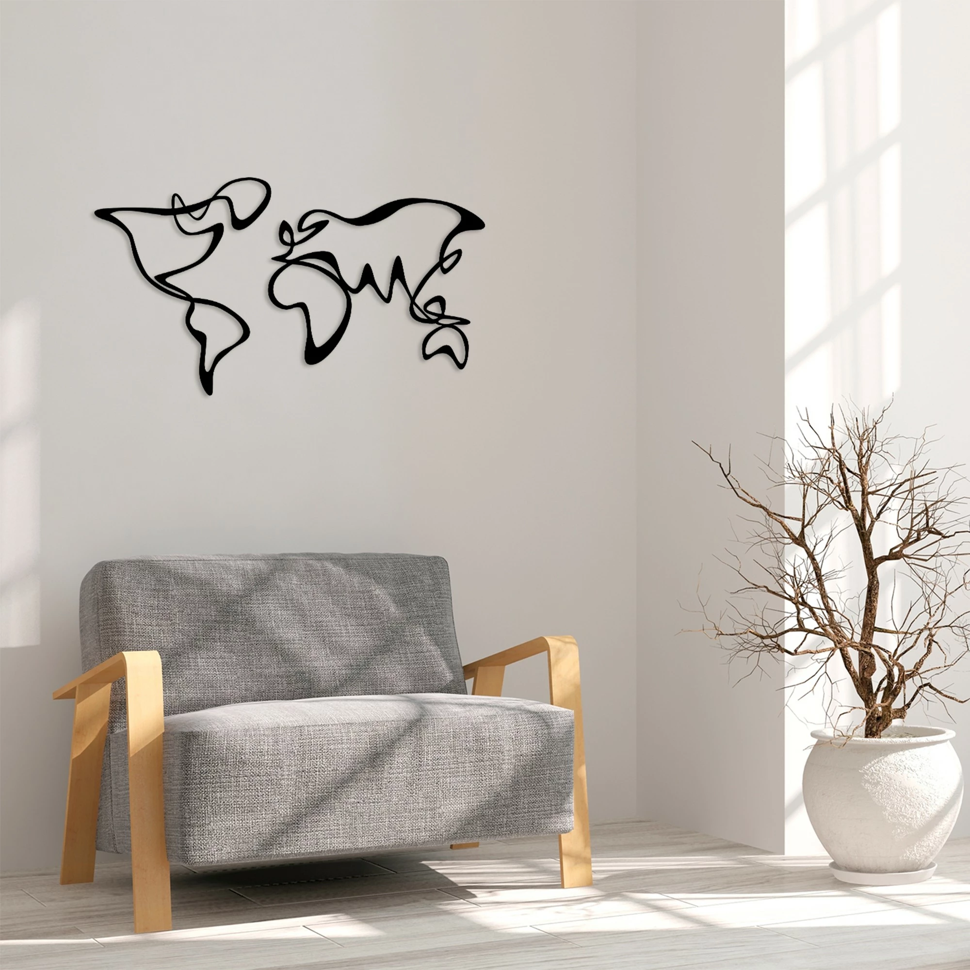 Aksesor dekorativ muri prej metali, hartë bote, Wallity, e zezë, 120x69cm