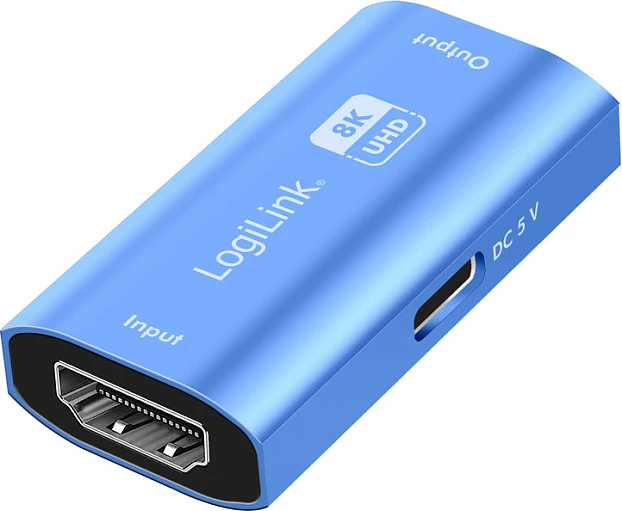 Repeater HDMI LogiLink, 20 m, 8K/60Hz, HDCP 2.3, alumin, i kaltër