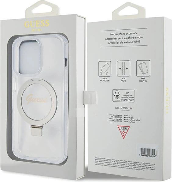 Mbështjellës Guess Ring Stand Script Glitter MagSafe për iPhone 15 Pro, Transparent