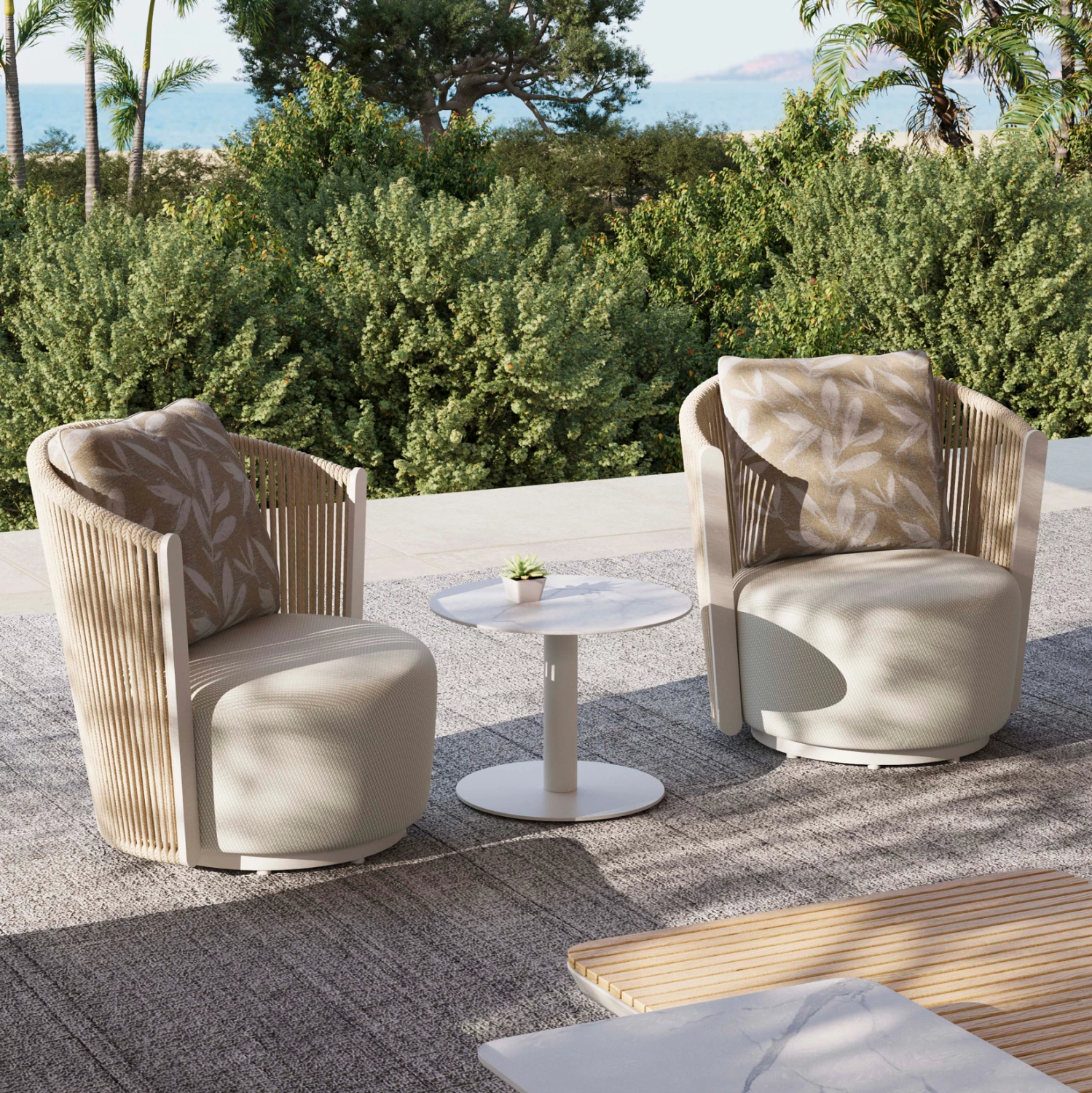 Karrige lounge rrotulluese LORIEN, alumin ngjyrë fildishi, litar, jastëkë bezhë, CD6392.01, 76x74x72cm