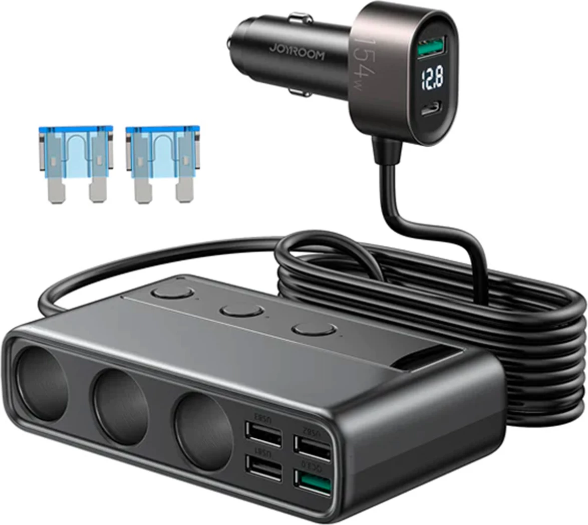 Karikues veture Joyroom JR-CL06, 9 porte, 154W, 5x USB-A/USB-C, 3x dalje çakmaku, e zezë