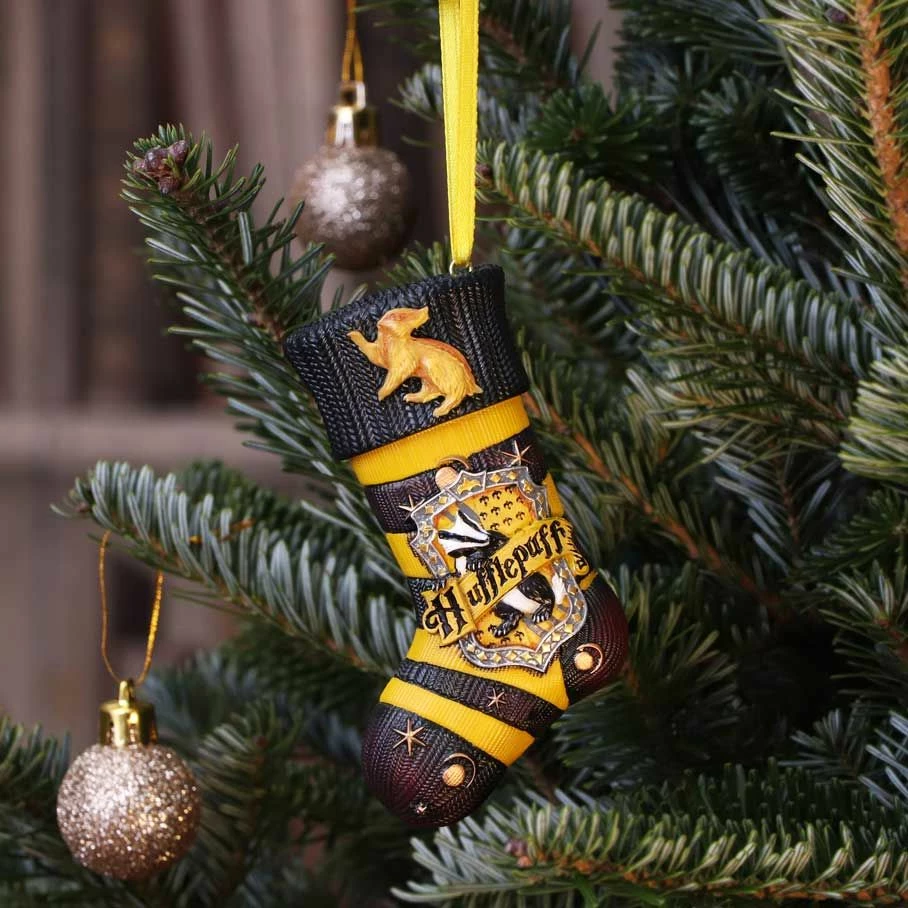 Ornament varës NEMESIS NOW Harry Potter Hufflepuff Stocking, prej rrëshire, i pikturuar me dorë, i licencuar zyrtarisht, verdhë/zi
