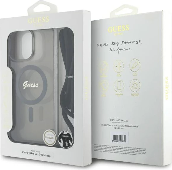 Mbështjellës Guess Crossbody Cord Script MagSafe për iPhone 16 Pro, i zi