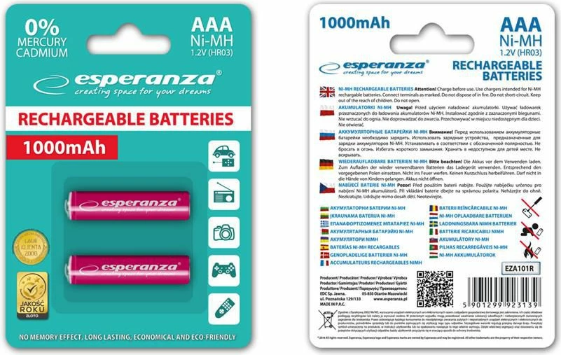 Bateri të rikarikueshme Esperanza AAA/R03 1000mAh 1.2V NiMH, të kuqe, 2 copë