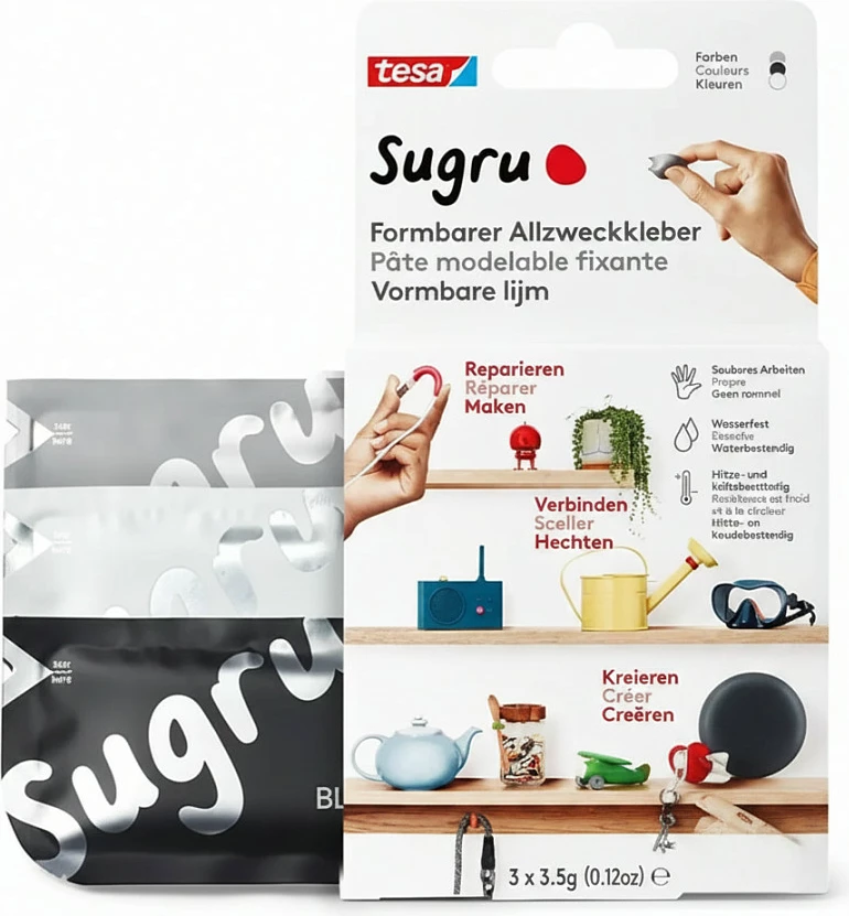 Ngjitës formues tesa Sugru, 3 x 3.5 g, zi/bardhë/hirtë