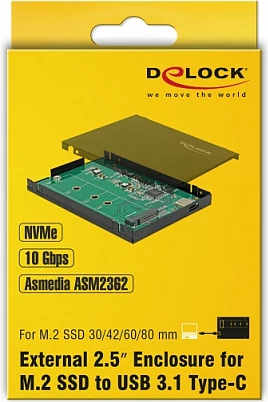 Enclosure SSD DeLOCK 42609, M.2 NVMe PCIe, USB-C 10 Gbit/s, 2.5", e zezë