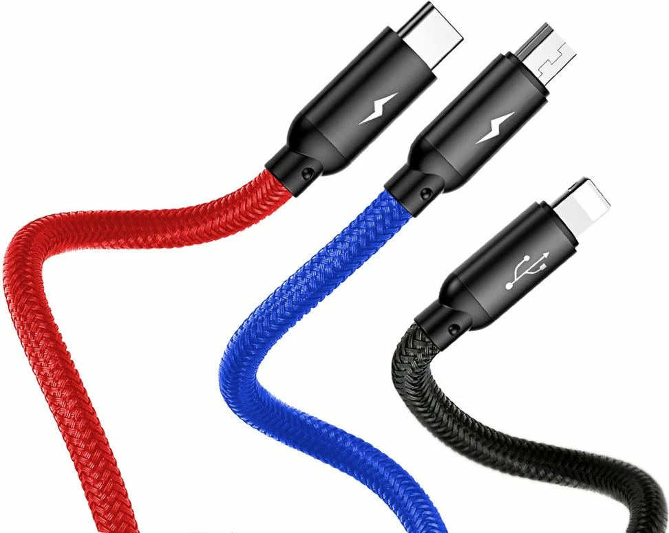 Kabllo 3-në-1 Baseus Three Primary Colors CAMLT-BSY01, 1.2m, USB-A në micro USB/Lightning/USB-C, e zezë/kuqe/kaltër