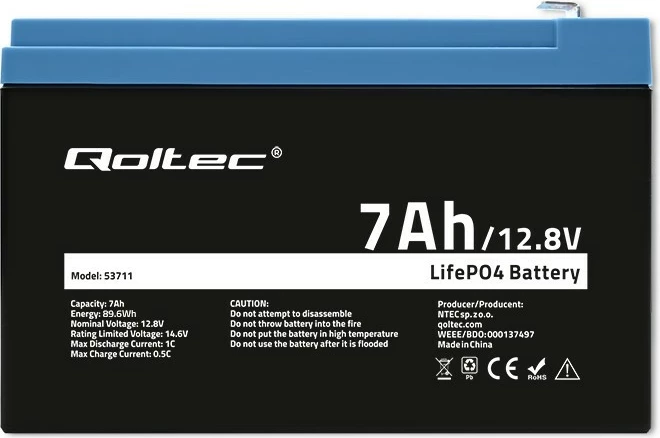 Bateri rikarikueshme Qoltec 53711, LiFePO4, 7Ah, 12.8V, me BMS