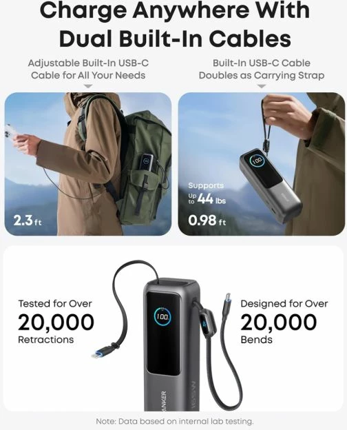 Powerbank Anker A1695H11 25000 mAh 165W me kabllo USB-C të integrume, e zezë