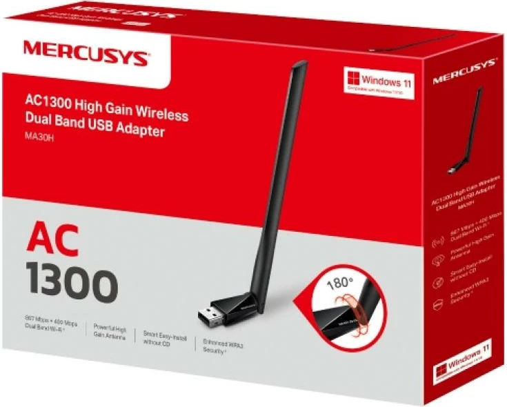 Adapter Wi‑Fi USB, Mercusys MA30H, AC1300 Dual-Band me antenë me fitim të lartë, e zezë