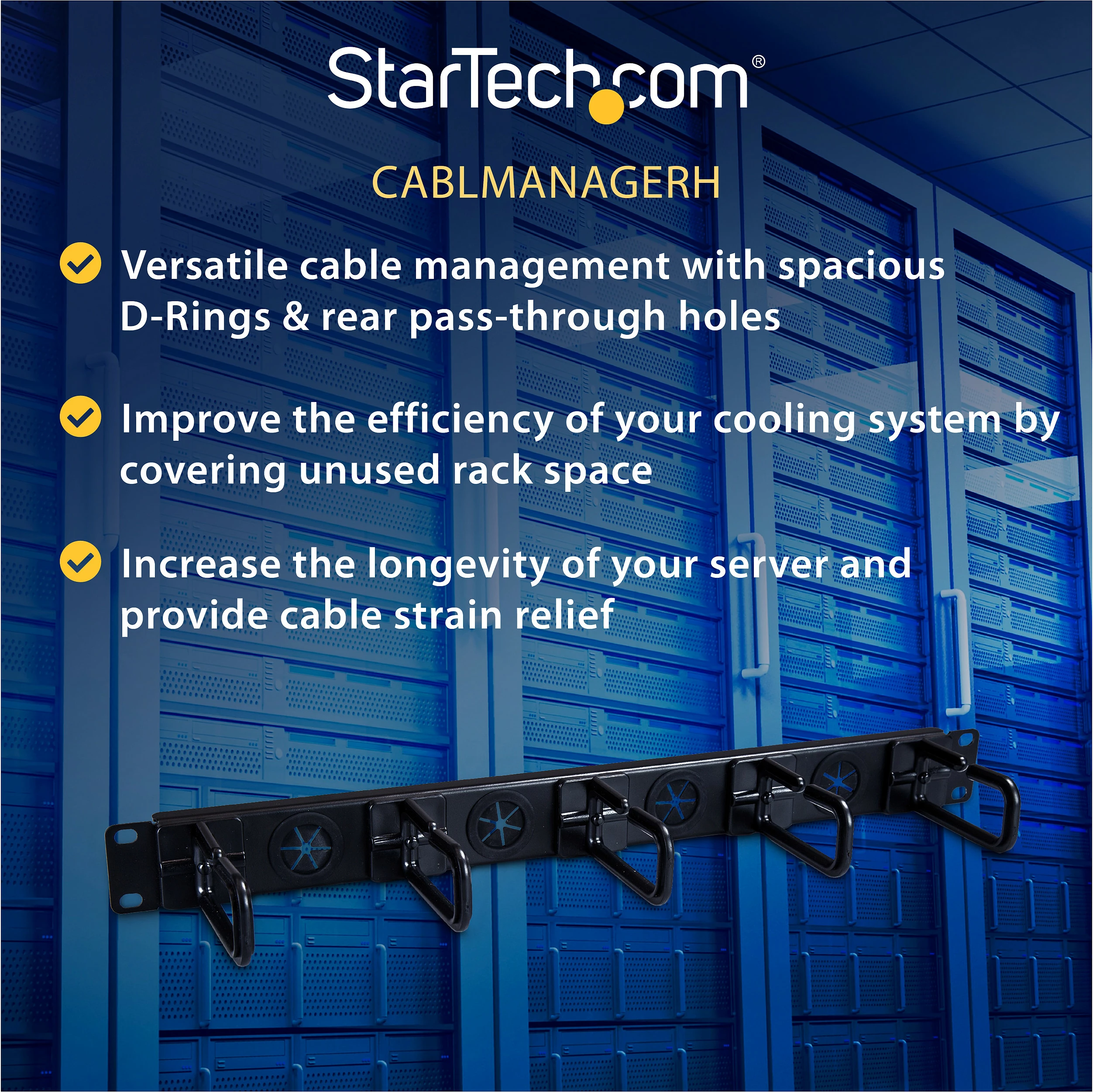 Panel menaxhimi kabllosh për rack serveri StarTech 1U, horizontal, D-Ring, i zi