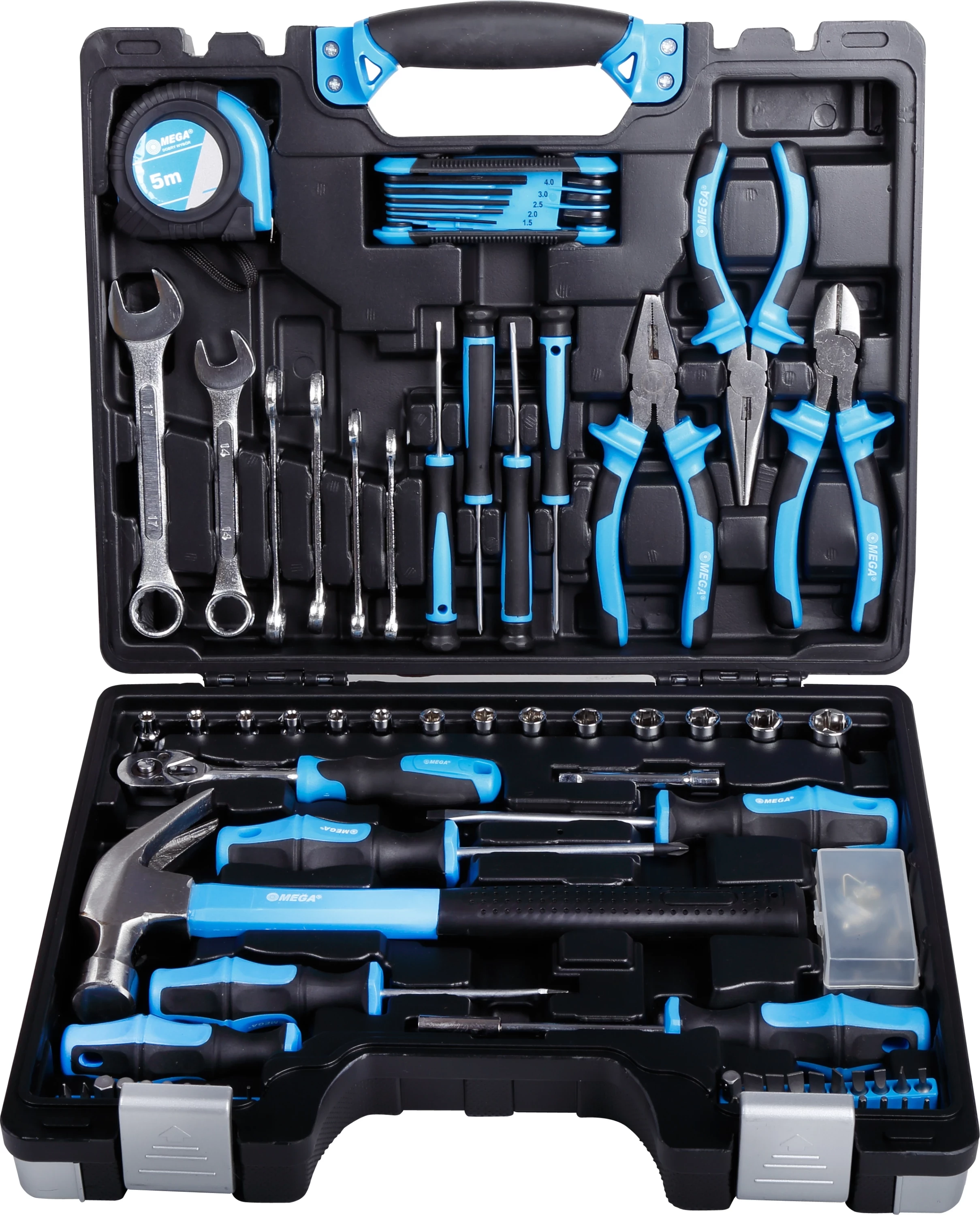 Set veglash MEGA 58085, 85 copë, me valixhe, zi/kaltër
