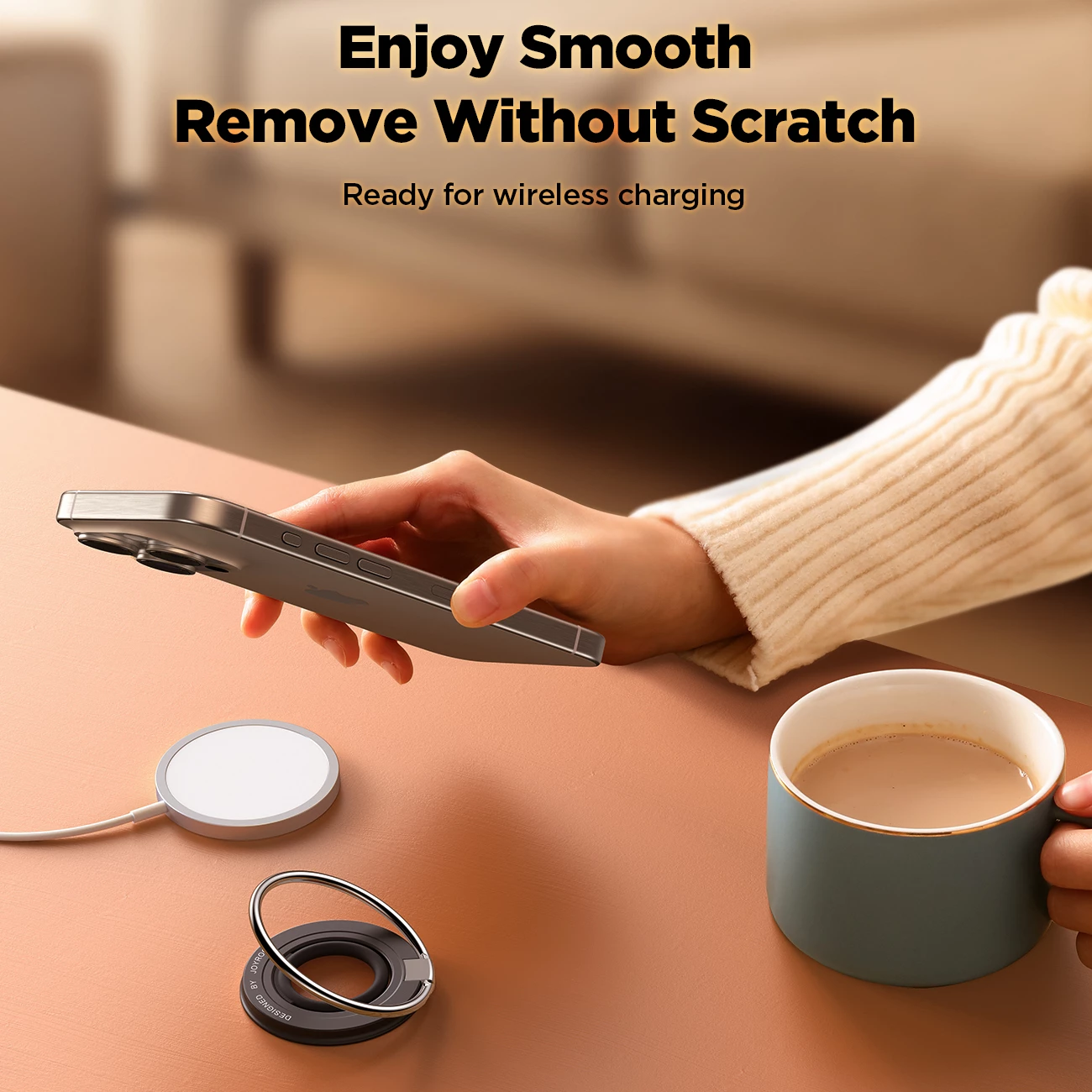 mbajtës magnetik MagSafe për celular Joyroom JR-ZS383, unazë gishtit, kompatibilitet iPhone 12–15 dhe telefona 4.7–7", shndërrohet në qëndrim, i zi