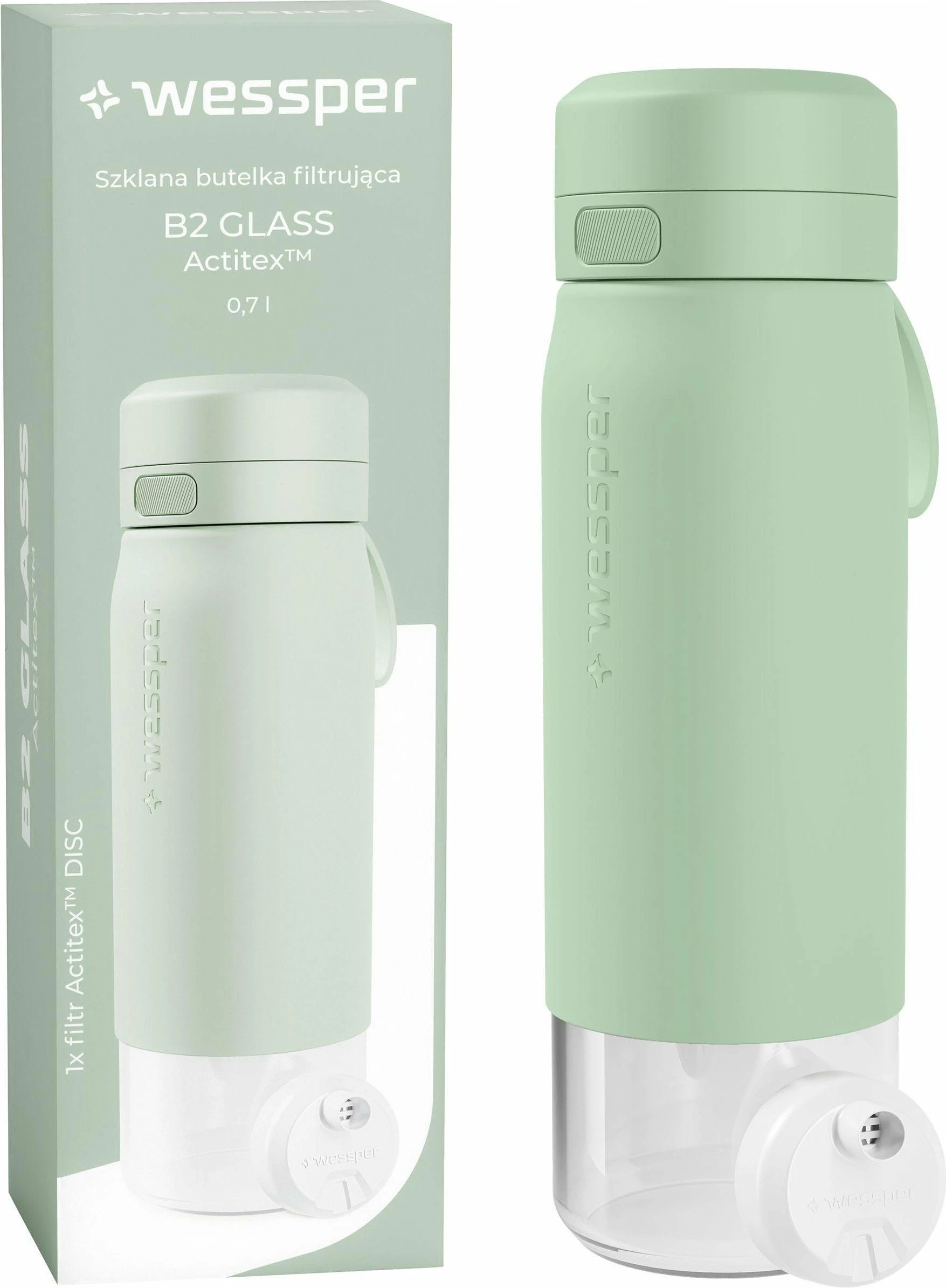 Shishe filtruese uji Wessper B2 Glass Actitex 700ml, me 1 filtër, mint jeshile