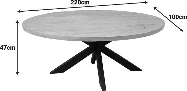 Tavolinë Fardy, dru mango i fortë, ngjyrë natyrale, këmbë metalike të zeza, 220x100x76cm