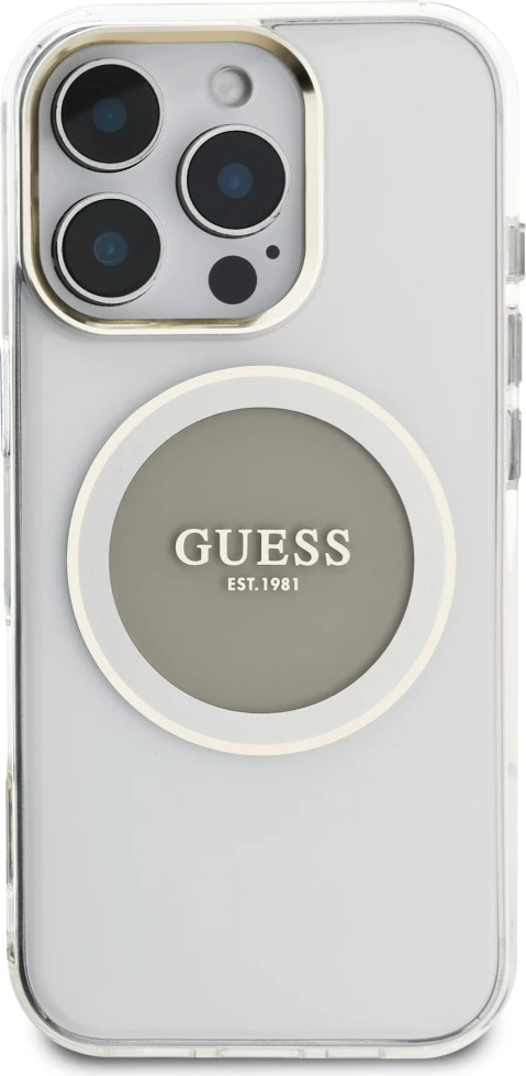 Mbështjellës Guess IML Metal Colored Circle Classic Logo MagSafe për iPhone 16 Pro, Gri
