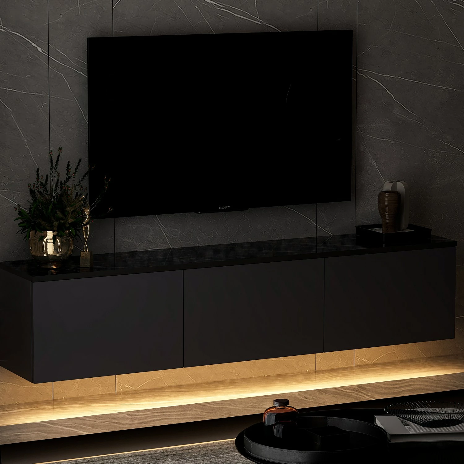 Komodë TV me ndriçim neon, ngjyrë antracit, Skye Decor
