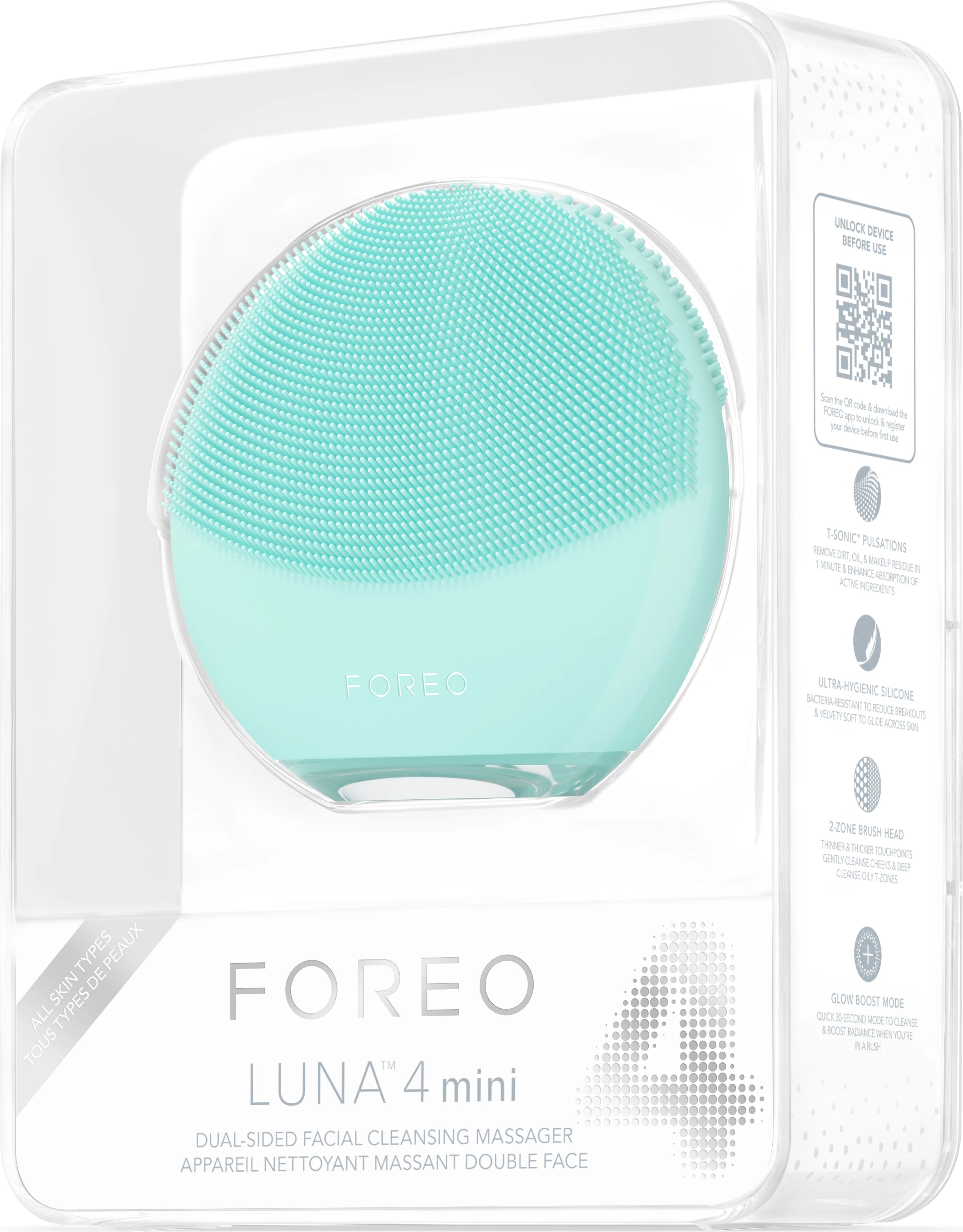 Pajisje smart pastrimi fytyre Foreo LUNA 4 mini, 2 zona, silikon, waterproof, 12 nivele, Blu Arktike, set me karikues USB + çantë udhëtimi