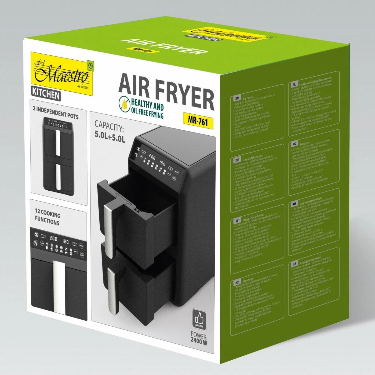 Fritezë ajri vertikale pa vaj, Feel-Maestro MR-761, 10 L (2x5 L), 2400W, 12 programe, ekran LCD, e zezë