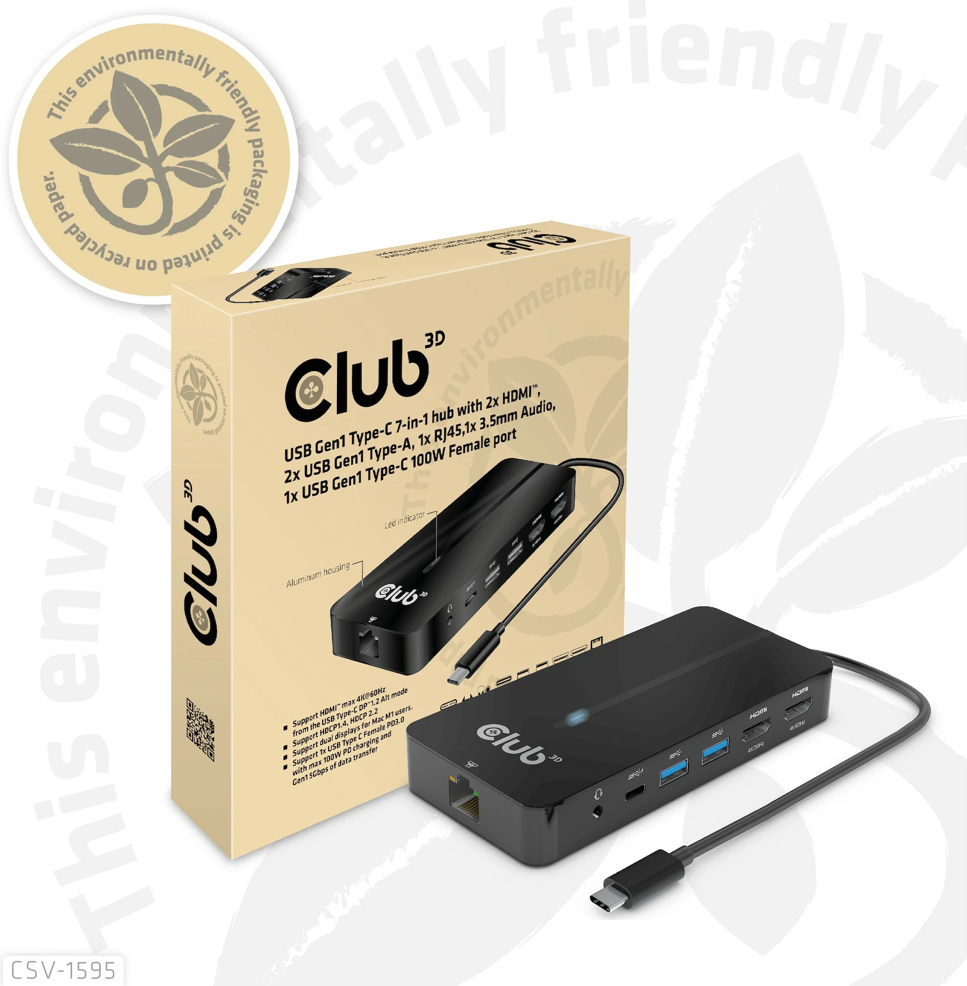 USB HUB Club3D 7in1, 2xHDMI, 2xUSB, USB-C, LAN, 4K60Hz, PD100W, zi