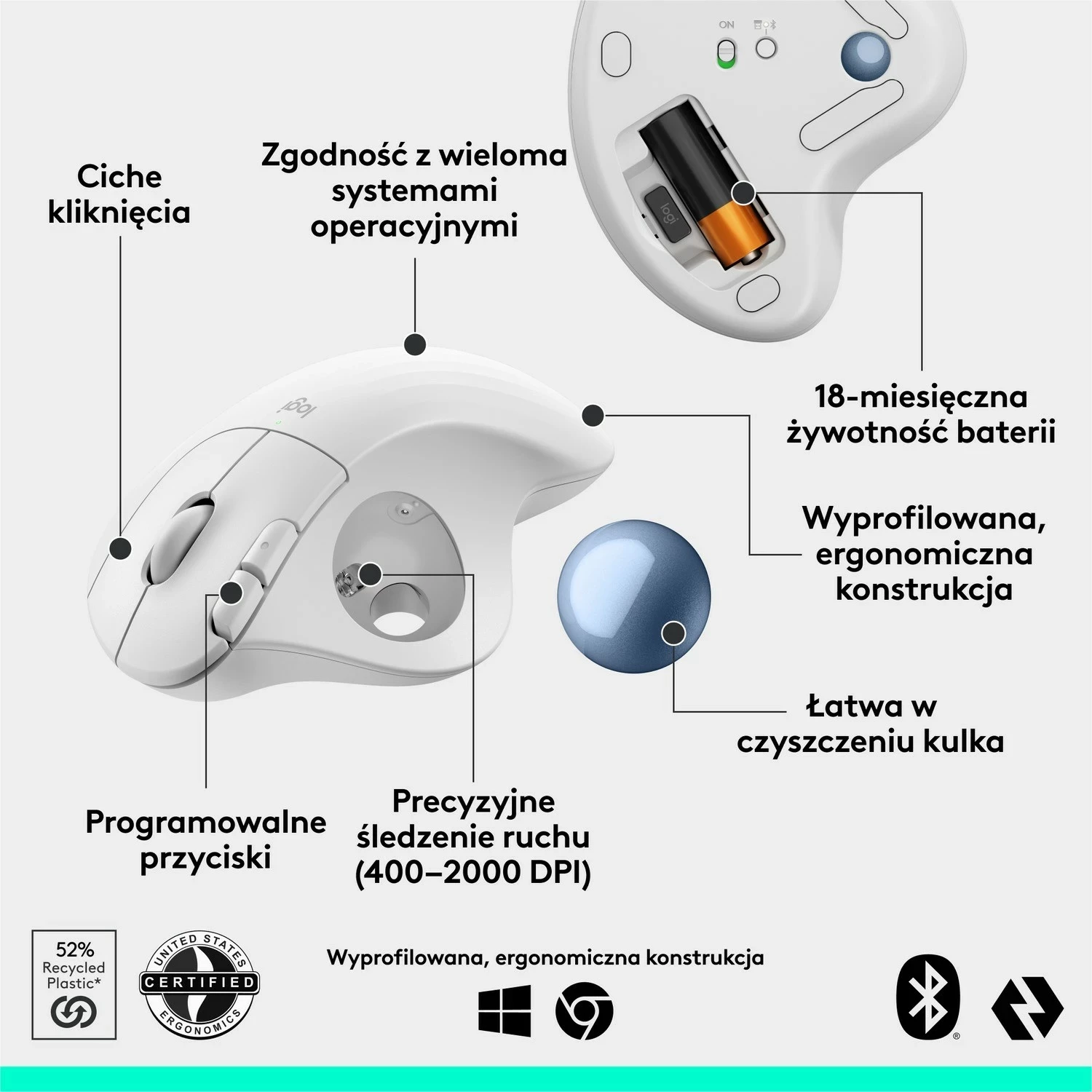 Maus ergonomik Logitech M575S, i bardhë