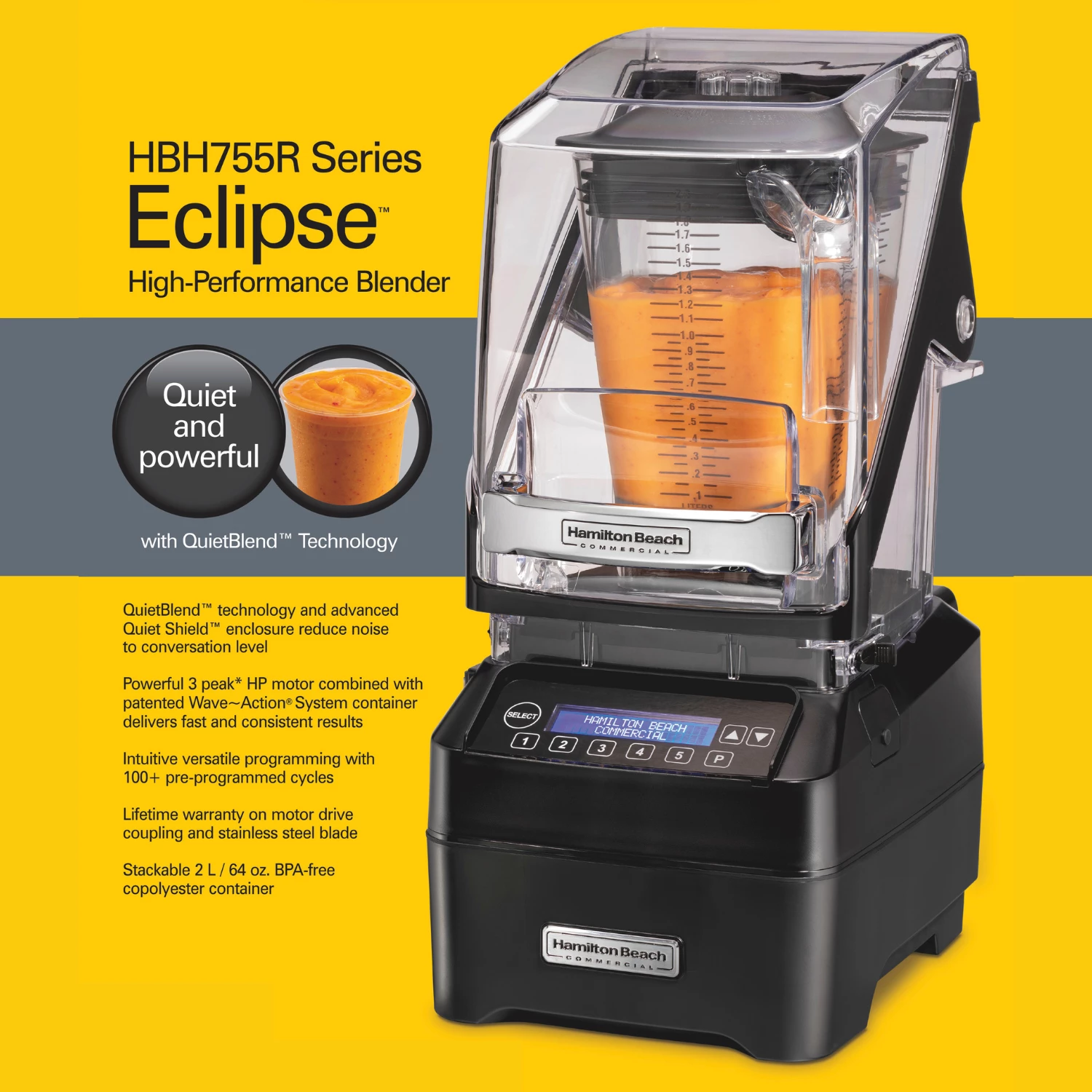 Blender komercial Hamilton Beach Commercial HBH755R-CE 64oz/2L me QuietBlend dhe Wave~Action, i zi