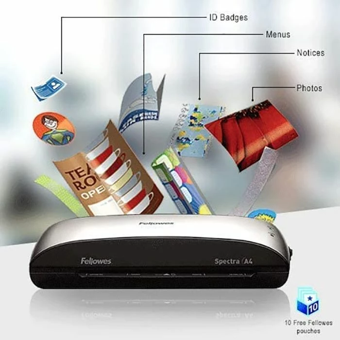 Laminator Fellowes Spectra A4, 2 rula, Auto Shut Off, me 10 qese laminimi, i zi/argjendtë