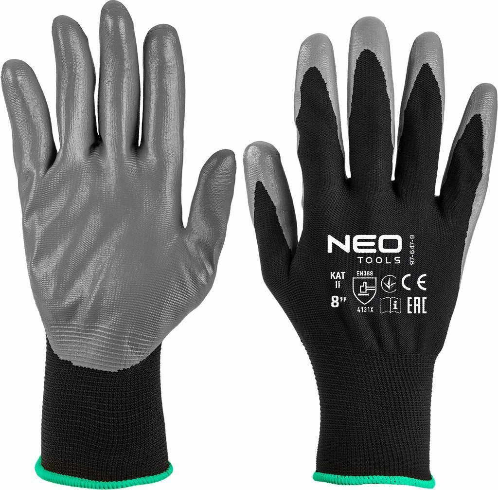 Dorëza pune Neo 97-647-8, poliester me veshje nitrili, EN388 4131X, madhësia 8, zi/gri