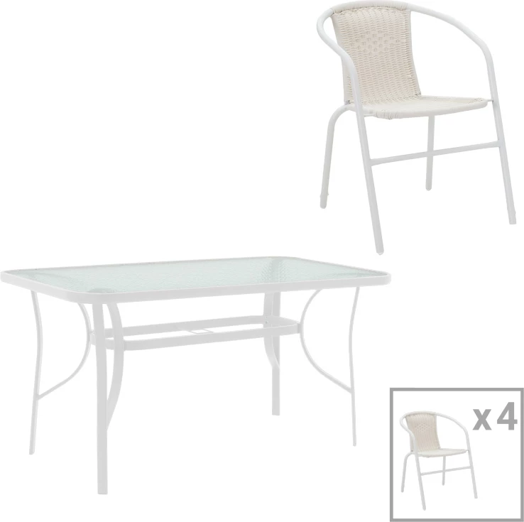 Tavolinë me karrige Obbi-Ensure, 5 copë, metal-xham, ngjyrë e bardhë, 120x70x70cm