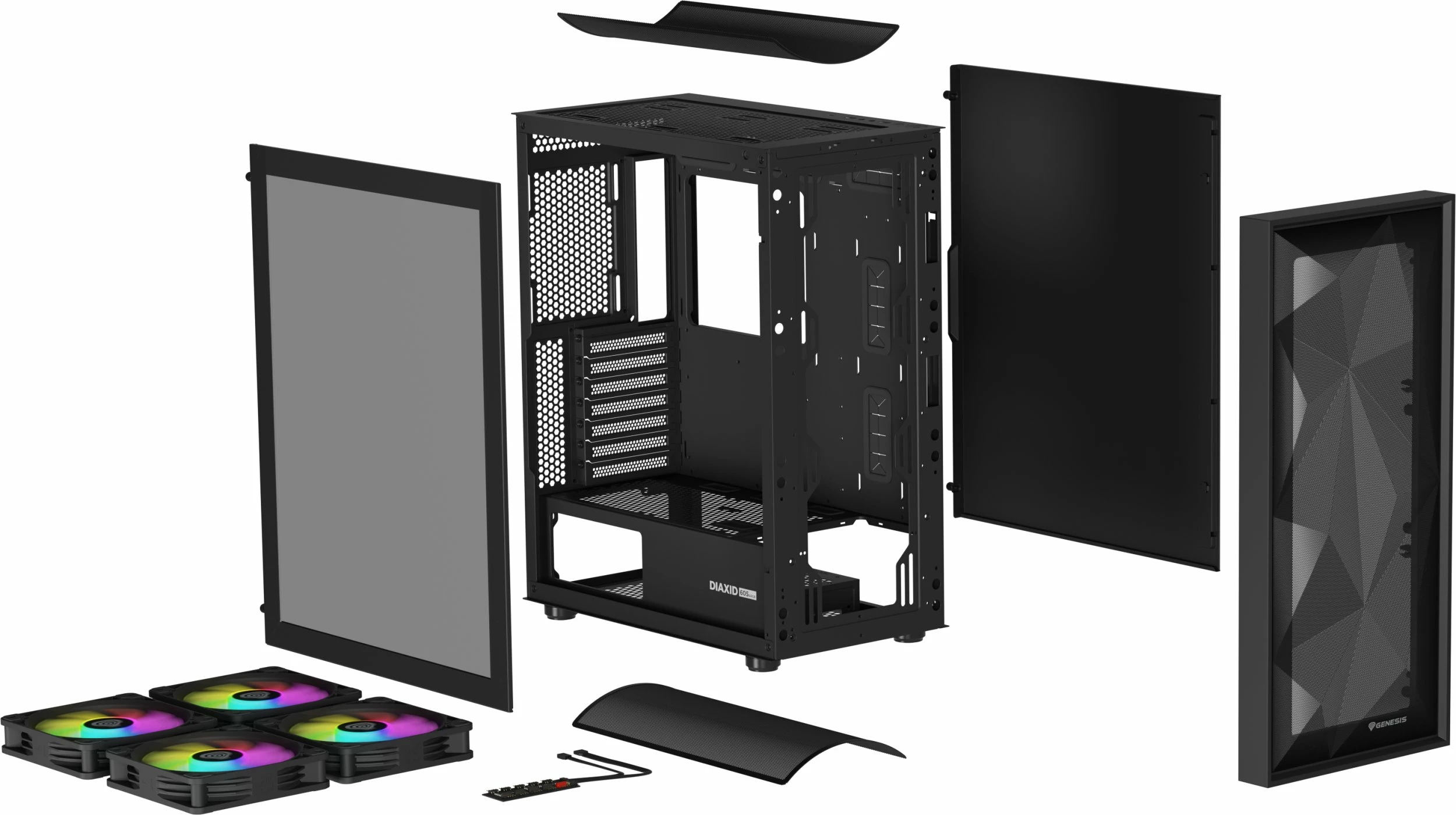 Kasë GENESIS Diaxid 605 ARGB NPC-2172 Midi Tower, ATX/mATX/Mini-ITX, USB-C, pa PSU, e zezë