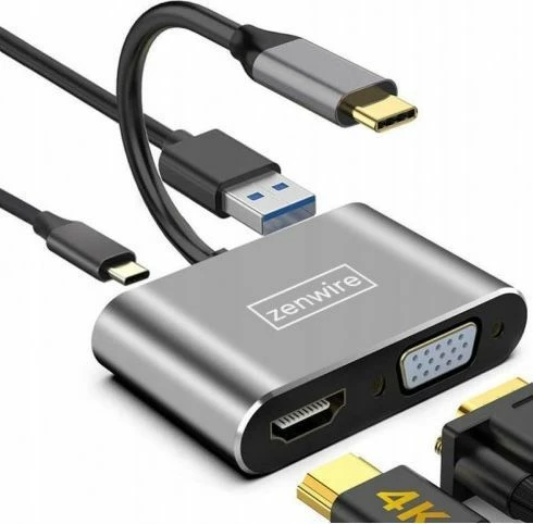 Adapter USB-C 4-në-1 Zenwire 1022000744 HDMI 4K/VGA, USB 3.0, Power Delivery 87W, Gri