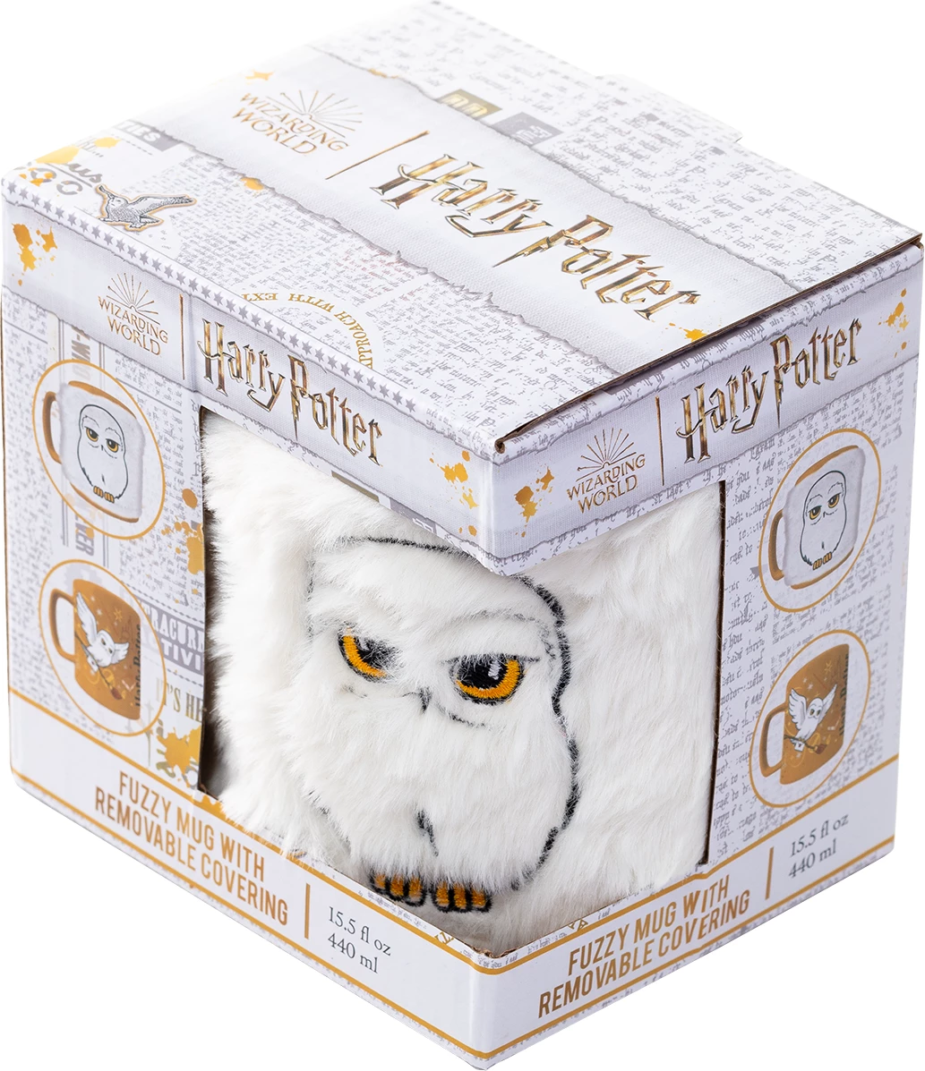 Filxhan Pyramid Harry Potter Hedwig Fuzzy, 440 ml, me mbulesë të butë të heqshme, i bardhë/ari