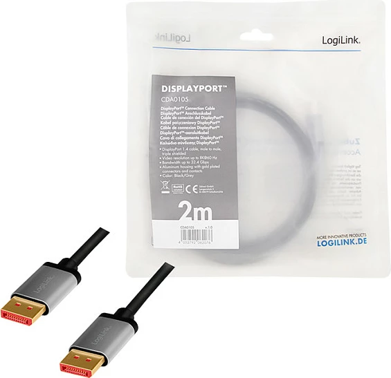 Kabllo DisplayPort LogiLink DP në DP, 2 m, 8K/60Hz, alumin, zi/hiri