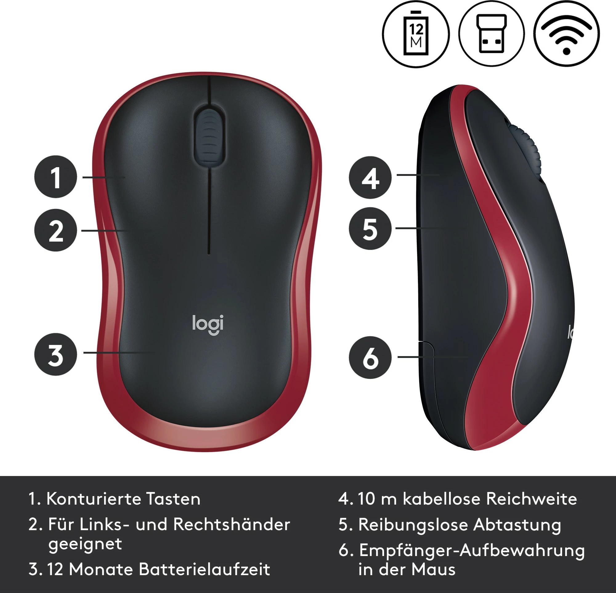 Maus Logitech Wireless M185, Optik, RF Wireless, 1000 DPI, Zi, Kuq