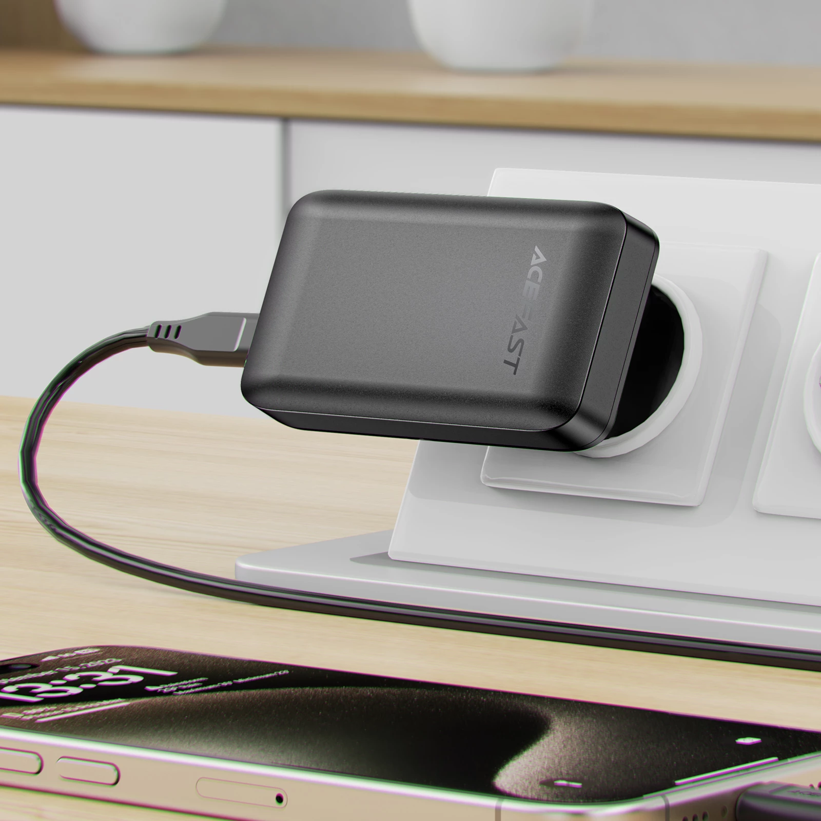 Karikues Acefast A100, 65W, GaN, 2x USB-C + USB-A, ultra i hollë, i zi