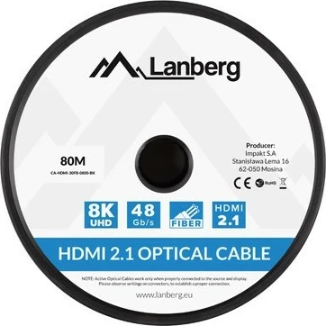 Kabllo HDMI LANBERG v2.1, 80m, 8K 30Hz, optik, e zezë