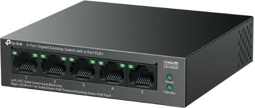 Switch TP-LINK LS105GP, 5 porta gigabit, 4x PoE+, kasë metalike, desktop