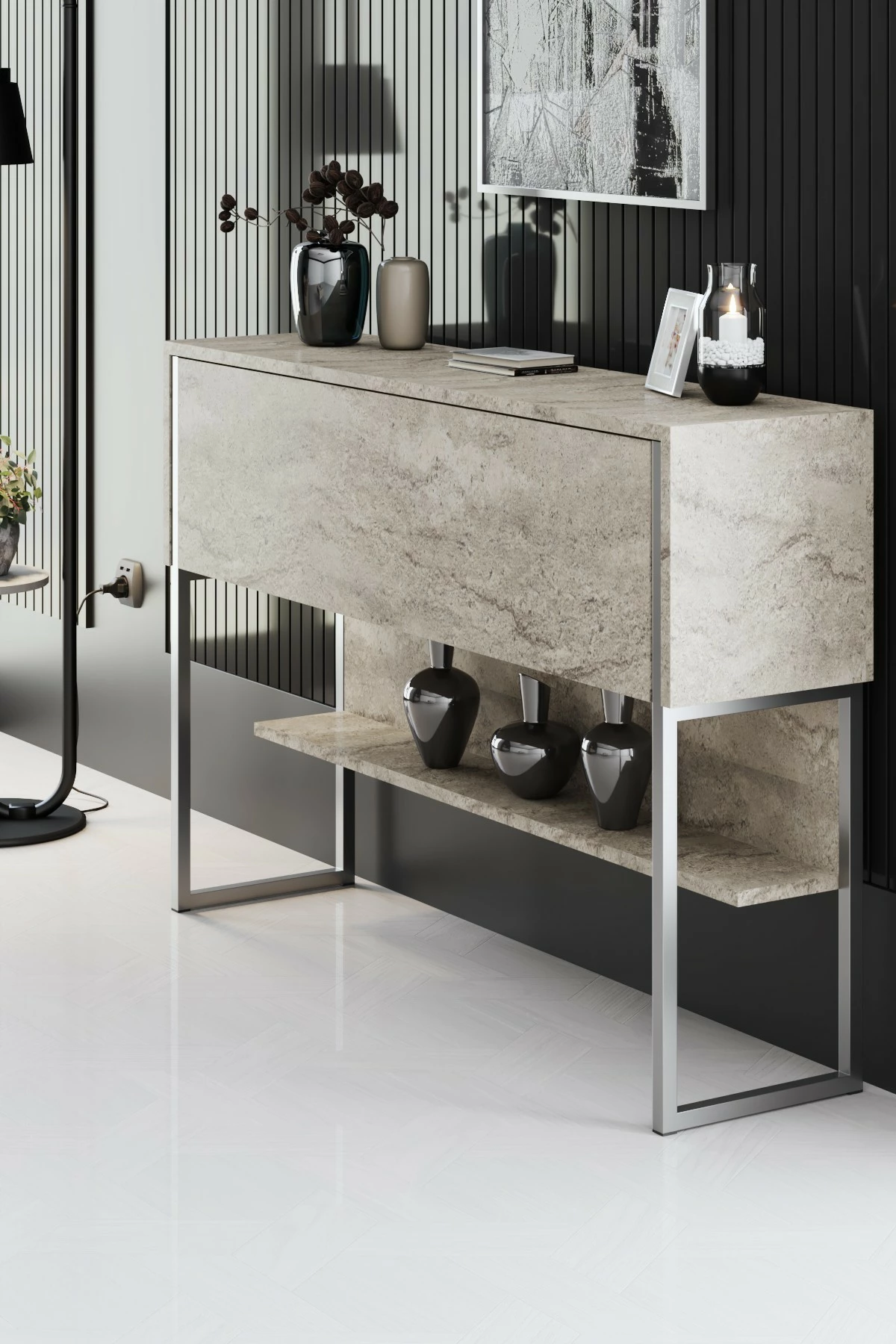 Komodë Hanah Home, Luxe, travertin dhe argjend