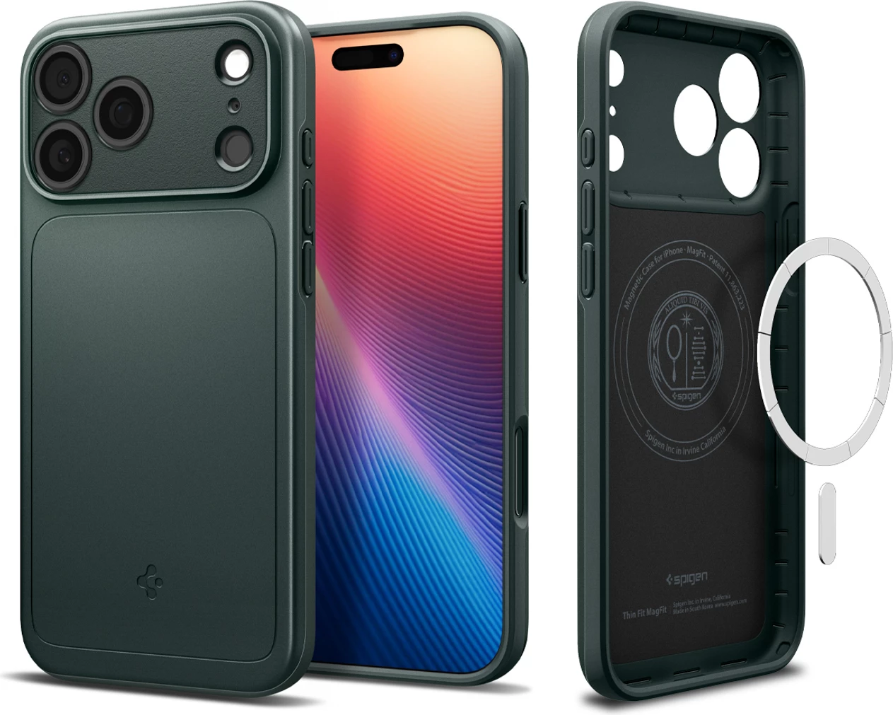 Mbështjellës Spigen Thin Fit MagSafe për iPhone 17 Pro/17 Pro Max, polikarbonat i hollë, unazë magnetike MagSafe, jeshile