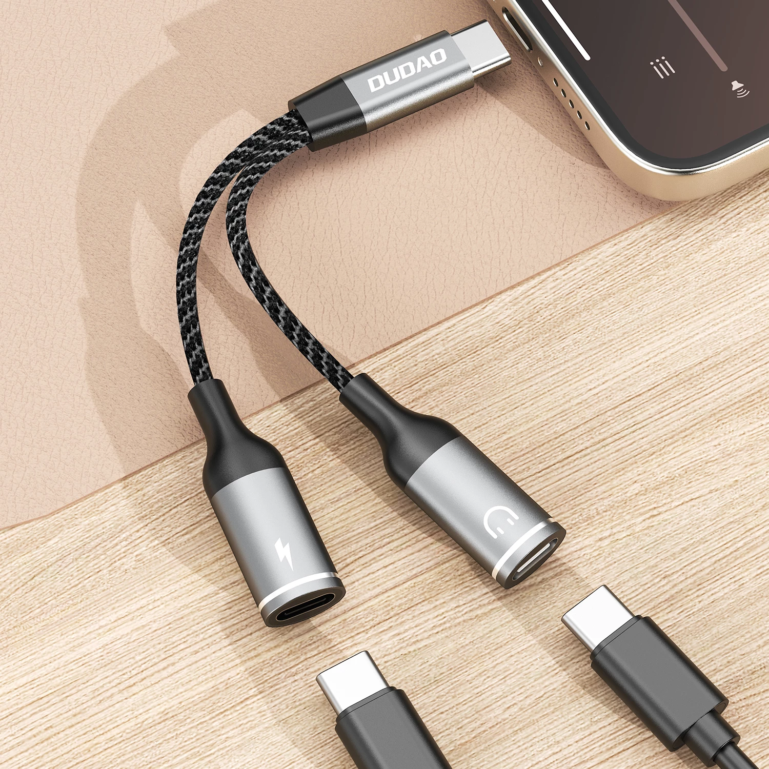 Adapter USB-C Dudao L13C+ 2-në-1, 1.2m, Gri