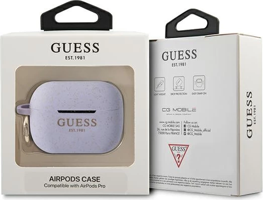 Mbështjellës Guess GUAPSGGEU për AirPods Pro, silikon me shkëlqim, vjollcë