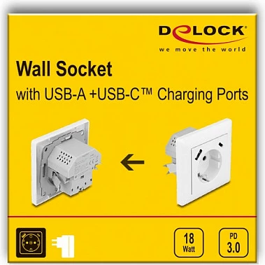 Prizë muri DeLOCK me USB-A + USB-C PD 18W, Type F, e bardhë