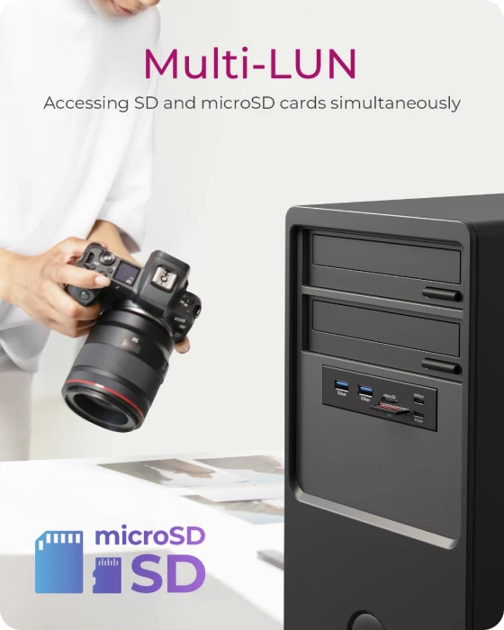 HUB USB për slot 3.5\" ICYBOX IB-HUB1419-i3, USB-E, USB-C 20 Gbit/s, 2x USB-A 5 Gbit/s, lexues SD/microSD, i zi