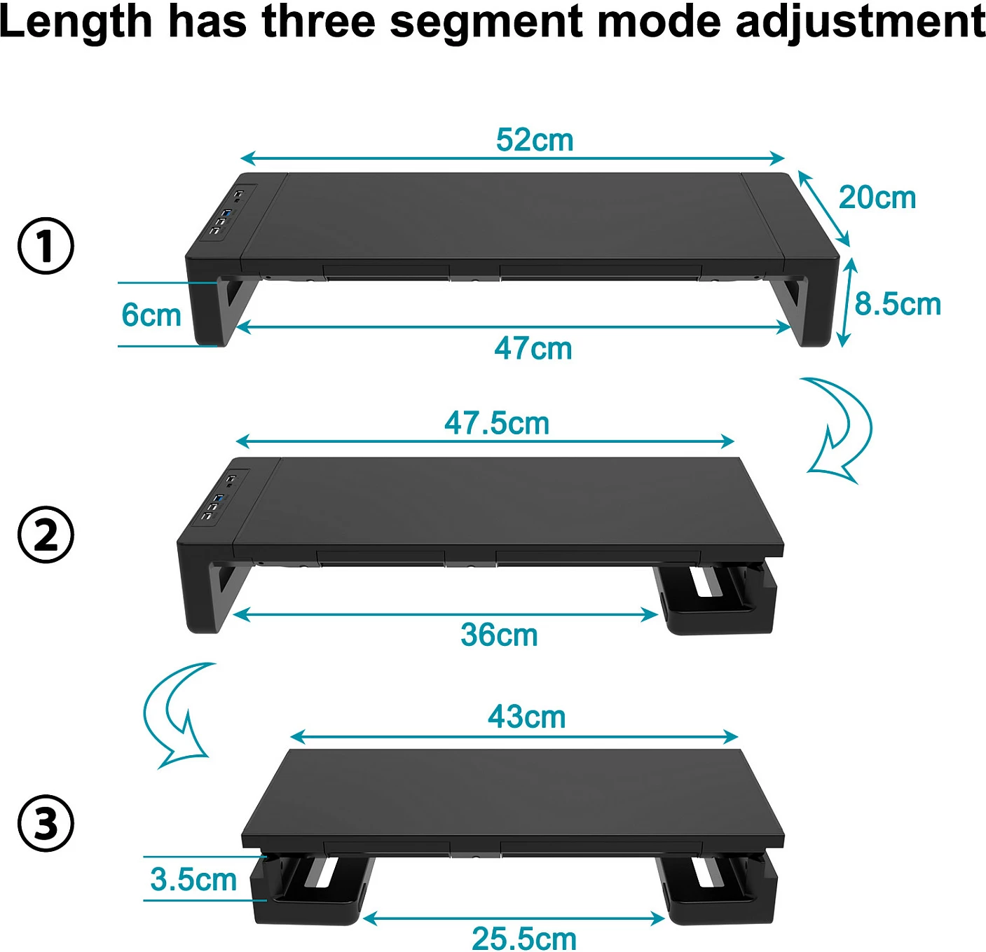 Ngritës monitori EQUIP, 4x USB-A + USB-C, 25 kg, i zi