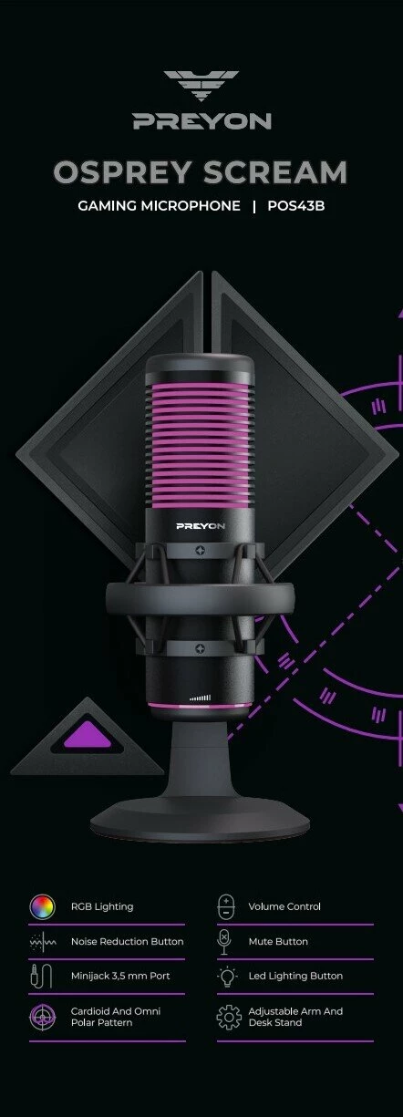 Mikrofon gaming USB PREYON Osprey Scream POS43B, RGB, cardioid/omnidirectional, me krah dhe kapëse tavoline, i zi